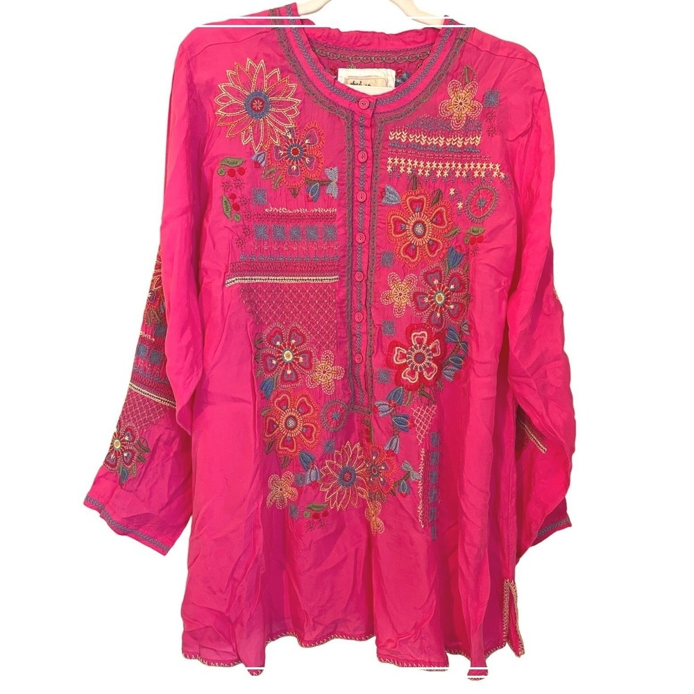JOHNNY‎ WAS Biya Womens 1X Katie Pink Embroidered Tunic Blouse Shirt Long Sleeve